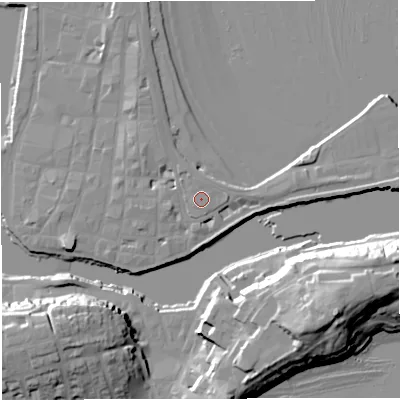 Shaded relief map of the ground around DT48DL, computed from Environment Agency LiDAR. The ground here sits at about 4 m above sea level and falls 24 m across the surrounding 800 m. The ground contributing surface water to this point lies to the north.