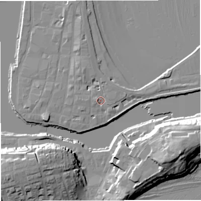 Shaded relief map of the ground around DT48DN, computed from Environment Agency LiDAR. The ground here sits at about 3 m above sea level and falls 24 m across the surrounding 800 m. Surface water reaching this point runs off ground lying to the north-east, 0.9 m higher.