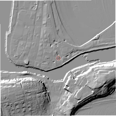 Shaded relief map of the ground around DT48DR, computed from Environment Agency LiDAR. The ground here sits at about 3 m above sea level and falls 24 m across the surrounding 800 m. Surface water reaching this point runs off ground lying to the north-north-west, 2.5 m higher.