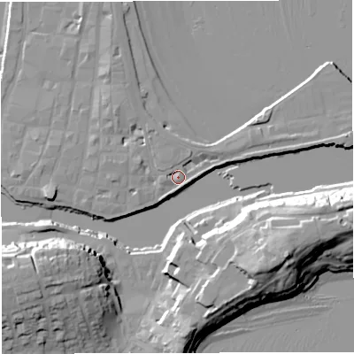 Shaded relief map of the ground around DT48DT, computed from Environment Agency LiDAR. The ground here sits at about 2 m above sea level and falls 24 m across the surrounding 800 m. Surface water reaching this point runs off ground lying to the north-north-east, 2.8 m higher.