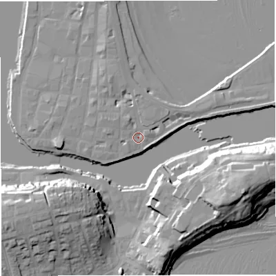 Shaded relief map of the ground around DT48DU, computed from Environment Agency LiDAR. The ground here sits at about 2 m above sea level and falls 24 m across the surrounding 800 m. Surface water reaching this point runs off ground lying to the north-north-west, 2.5 m higher.