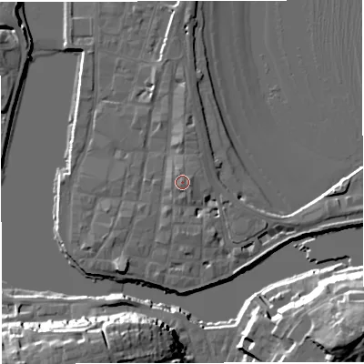 Shaded relief map of the ground around DT48DX, computed from Environment Agency LiDAR. The ground here sits at about 4 m above sea level and falls 24 m across the surrounding 800 m. Surface water reaching this point runs off ground lying to the north-north-east, 0.9 m higher.