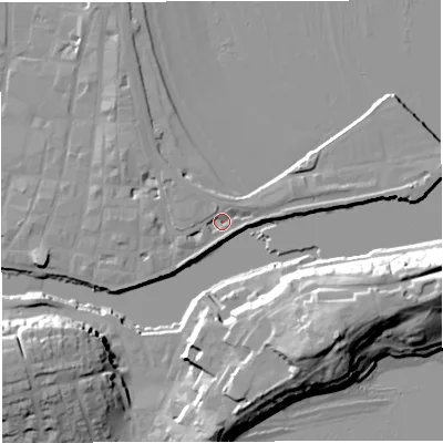 Shaded relief map of the ground around DT48EB, computed from Environment Agency LiDAR. The ground here sits at about 2 m above sea level and falls 24 m across the surrounding 800 m. Surface water reaching this point runs off ground lying to the east-north-east, 1.9 m higher.