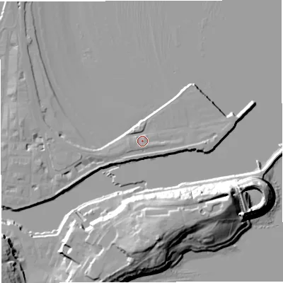 Shaded relief map of the ground around DT48ED, computed from Environment Agency LiDAR. The ground here sits at about 3 m above sea level and falls 28 m across the surrounding 800 m. Surface water reaching this point runs off ground lying to the east, 2.4 m higher.
