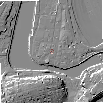 Shaded relief map of the ground around DT48EH, computed from Environment Agency LiDAR. The ground here sits at about 3 m above sea level and falls 32 m across the surrounding 800 m. Surface water reaching this point runs off ground lying to the north, 0.9 m higher.