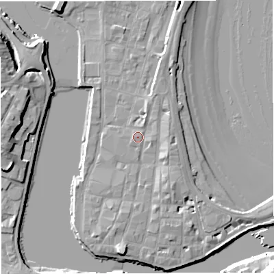 Shaded relief map of the ground around DT48EN, computed from Environment Agency LiDAR. The ground here sits at about 3 m above sea level and falls 15 m across the surrounding 800 m. Surface water reaching this point runs off ground lying to the north-north-east, 1.7 m higher.