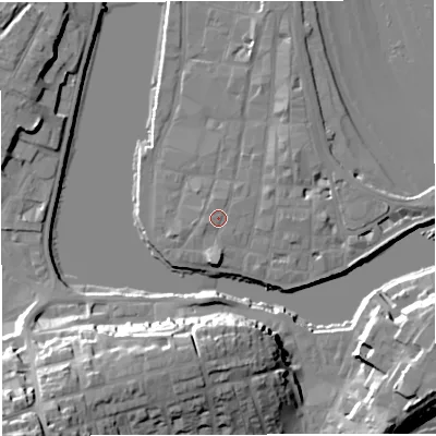 Shaded relief map of the ground around DT48EQ, computed from Environment Agency LiDAR. The ground here sits at about 3 m above sea level and falls 34 m across the surrounding 800 m. Surface water reaching this point runs off ground lying to the north-north-east, 1.0 m higher.