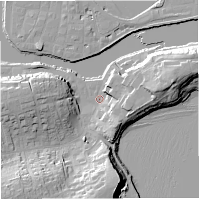 Shaded relief map of the ground around DT48ET, computed from Environment Agency LiDAR. The ground here sits at about 2 m above sea level and falls 33 m across the surrounding 800 m. Surface water reaching this point runs off ground lying to the south-west, 29.0 m higher.