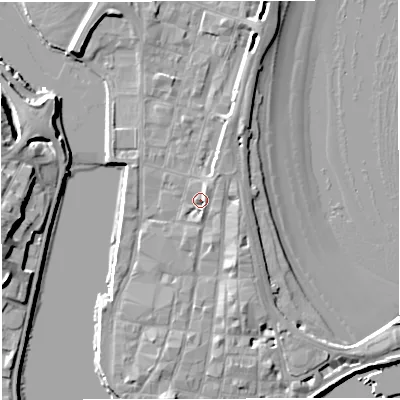 Shaded relief map of the ground around DT48HQ, computed from Environment Agency LiDAR. The ground here sits at about 3 m above sea level and falls 11 m across the surrounding 800 m. Surface water reaching this point runs off ground lying to the north-north-east, 2.3 m higher.