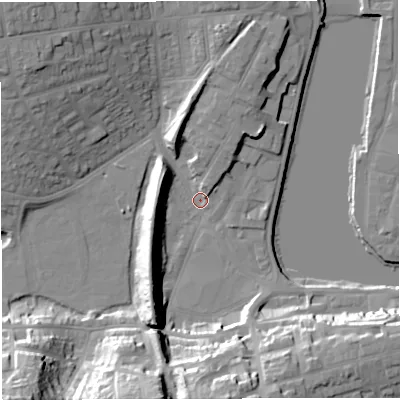 Shaded relief map of the ground around DT48JE, computed from Environment Agency LiDAR. The ground here sits at about 2 m above sea level and falls 31 m across the surrounding 800 m. Surface water reaching this point runs off ground lying to the south-south-west, 28.3 m higher.
