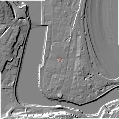 Shaded relief map of the ground around DT48LY, computed from Environment Agency LiDAR. The ground here sits at about 2 m above sea level and falls 20 m across the surrounding 800 m. Surface water reaching this point runs off ground lying to the east-north-east, 3.4 m higher.