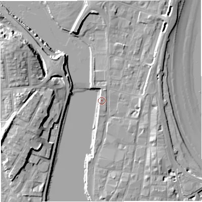 Shaded relief map of the ground around DT48NA, computed from Environment Agency LiDAR. The ground here sits at about 3 m above sea level and falls 13 m across the surrounding 800 m. Surface water reaching this point runs off ground lying to the west, 10.9 m higher.