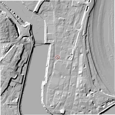 Shaded relief map of the ground around DT48NG, computed from Environment Agency LiDAR. The ground here sits at about 2 m above sea level and falls 13 m across the surrounding 800 m. Surface water reaching this point runs off ground lying to the east-north-east, 2.3 m higher.
