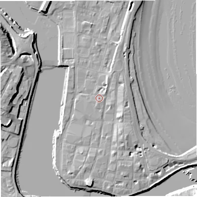 Shaded relief map of the ground around DT48NH, computed from Environment Agency LiDAR. The ground here sits at about 3 m above sea level and falls 12 m across the surrounding 800 m. Surface water reaching this point runs off ground lying to the east-north-east, 1.1 m higher.