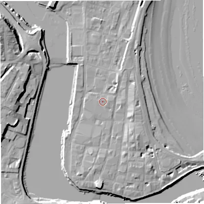 Shaded relief map of the ground around DT48NJ, computed from Environment Agency LiDAR. The ground here sits at about 2 m above sea level and falls 12 m across the surrounding 800 m. Surface water reaching this point runs off ground lying to the east, 0.8 m higher.