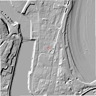 Shaded relief map of the ground around DT48NN, computed from Environment Agency LiDAR. The ground here sits at about 2 m above sea level and falls 12 m across the surrounding 800 m. Surface water reaching this point runs off ground lying to the east-north-east, 2.3 m higher.