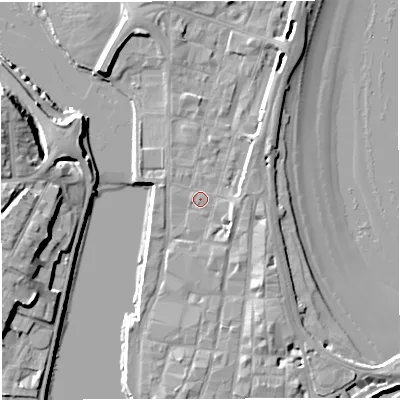 Shaded relief map of the ground around DT48NP, computed from Environment Agency LiDAR. The ground here sits at about 2 m above sea level and falls 12 m across the surrounding 800 m. Surface water reaching this point runs off ground lying to the east-south-east, 2.3 m higher.