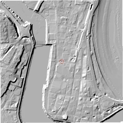 Shaded relief map of the ground around DT48NQ, computed from Environment Agency LiDAR. The ground here sits at about 2 m above sea level and falls 13 m across the surrounding 800 m. Surface water reaching this point runs off ground lying to the east-north-east, 2.3 m higher.