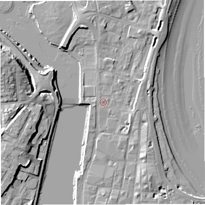 Shaded relief map of the ground around DT48NS, computed from Environment Agency LiDAR. The ground here sits at about 2 m above sea level and falls 13 m across the surrounding 800 m. Surface water reaching this point runs off ground lying to the east-south-east, 1.9 m higher.