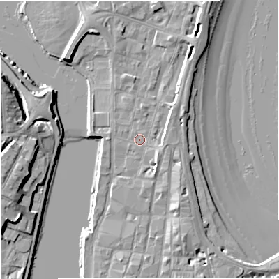 Shaded relief map of the ground around DT48NU, computed from Environment Agency LiDAR. The ground here sits at about 2 m above sea level and falls 11 m across the surrounding 800 m. Surface water reaching this point runs off ground lying to the south-east, 1.8 m higher.