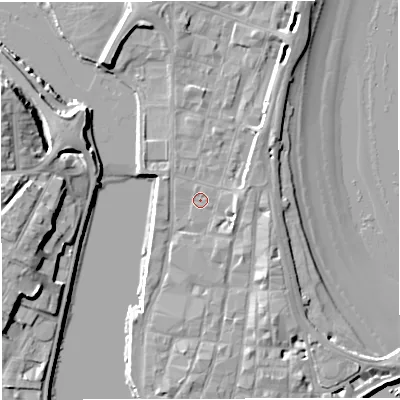 Shaded relief map of the ground around DT48NW, computed from Environment Agency LiDAR. The ground here sits at about 2 m above sea level and falls 13 m across the surrounding 800 m. Surface water reaching this point runs off ground lying to the east, 2.3 m higher.