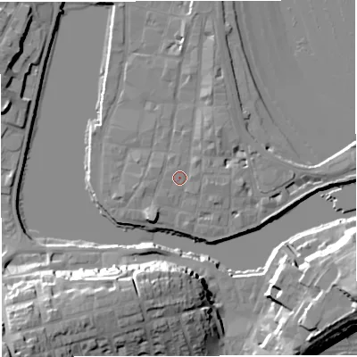 Shaded relief map of the ground around DT48PP, computed from Environment Agency LiDAR. The ground here sits at about 3 m above sea level and falls 30 m across the surrounding 800 m. Surface water reaching this point runs off ground lying to the north-east, 1.5 m higher.