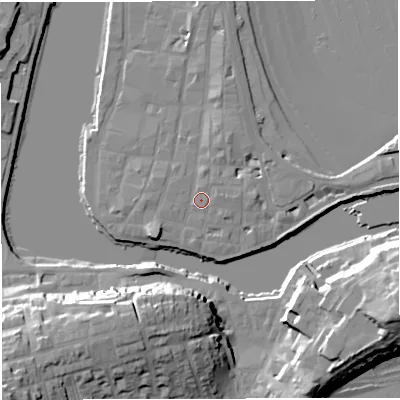 Shaded relief map of the ground around DT48PU, computed from Environment Agency LiDAR. The ground here sits at about 3 m above sea level and falls 29 m across the surrounding 800 m. Surface water reaching this point runs off ground lying to the north, 1.5 m higher.