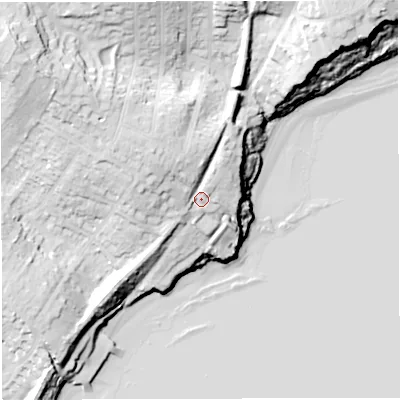 Shaded relief map of the ground around DT48QE, computed from Environment Agency LiDAR. The ground here sits at about 20 m above sea level and falls 41 m across the surrounding 800 m. Surface water reaching this point runs off ground lying to the north-north-west, 8.1 m higher.