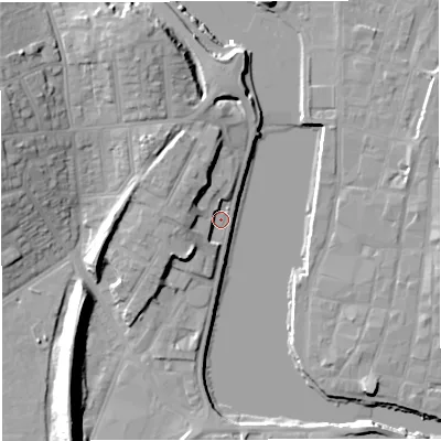 Shaded relief map of the ground around DT48SU, computed from Environment Agency LiDAR. The ground here sits at about 2 m above sea level and falls 18 m across the surrounding 800 m. Surface water reaching this point runs off ground lying to the north-west, 7.0 m higher.