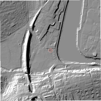 Shaded relief map of the ground around DT48TE, computed from Environment Agency LiDAR. The ground here sits at about 2 m above sea level and falls 41 m across the surrounding 800 m. Surface water reaching this point runs off ground lying to the south-south-west, 37.7 m higher.