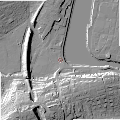 Shaded relief map of the ground around DT48TG, computed from Environment Agency LiDAR. The ground here sits at about 3 m above sea level and falls 43 m across the surrounding 800 m. Surface water reaching this point runs off ground lying to the south, 2.4 m higher.