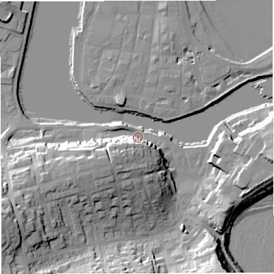 Shaded relief map of the ground around DT48TJ, computed from Environment Agency LiDAR. The ground here sits at about 3 m above sea level and falls 33 m across the surrounding 800 m. Surface water reaching this point runs off ground lying to the west-south-west, 19.6 m higher.