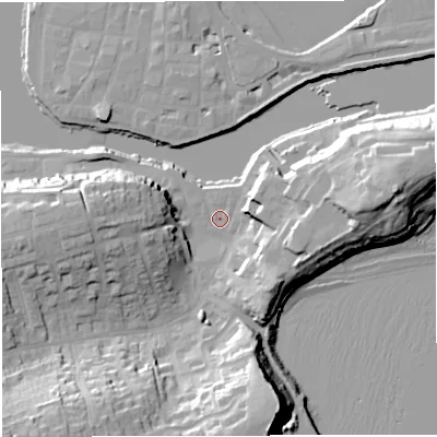 Shaded relief map of the ground around DT48TR, computed from Environment Agency LiDAR. The ground here sits at about 2 m above sea level and falls 33 m across the surrounding 800 m. Surface water reaching this point runs off ground lying to the south-west, 29.1 m higher.