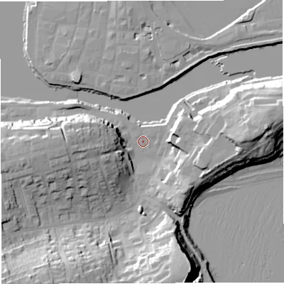 Shaded relief map of the ground around DT48TS, computed from Environment Agency LiDAR. The ground here sits at about 2 m above sea level and falls 32 m across the surrounding 800 m. Surface water reaching this point runs off ground lying to the south-west, 28.5 m higher.