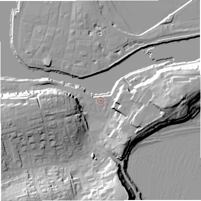 Shaded relief map of the ground around DT48TT, computed from Environment Agency LiDAR. The ground here sits at about 2 m above sea level and falls 30 m across the surrounding 800 m. Surface water reaching this point runs off ground lying to the south-west, 25.9 m higher.