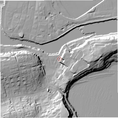 Shaded relief map of the ground around DT48TU, computed from Environment Agency LiDAR. The ground here sits at about 2 m above sea level and falls 31 m across the surrounding 800 m. Surface water reaching this point runs off ground lying to the east, 18.8 m higher.