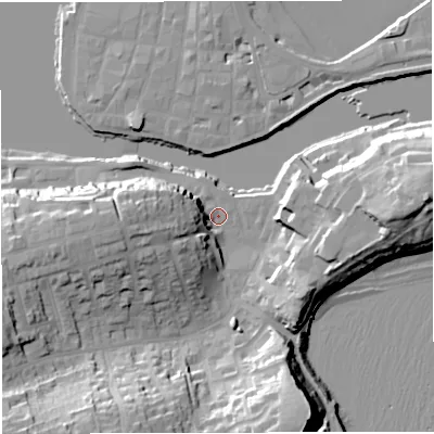 Shaded relief map of the ground around DT48TW, computed from Environment Agency LiDAR. The ground here sits at about 2 m above sea level and falls 32 m across the surrounding 800 m. Surface water reaching this point runs off ground lying to the west-south-west, 14.9 m higher.