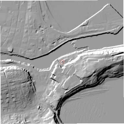 Shaded relief map of the ground around DT48TX, computed from Environment Agency LiDAR. The ground here sits at about 4 m above sea level and falls 24 m across the surrounding 800 m. Surface water reaching this point runs off ground lying to the east-south-east, 10.5 m higher.