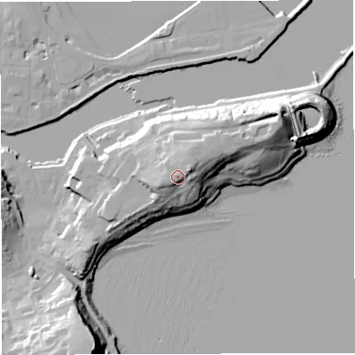 Shaded relief map of the ground around DT48UF, computed from Environment Agency LiDAR. The ground here sits at about 20 m above sea level and falls 28 m across the surrounding 800 m. Surface water reaching this point runs off ground lying to the north-east, 6.1 m higher.