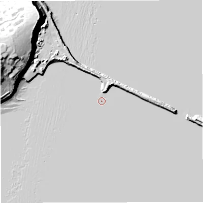 Shaded relief map of the ground around DT48UR, computed from Environment Agency LiDAR. The ground here sits at about -1 m above sea level and falls 30 m across the surrounding 800 m. Surface water reaching this point runs off ground lying to the west-north-west, 28.8 m higher.