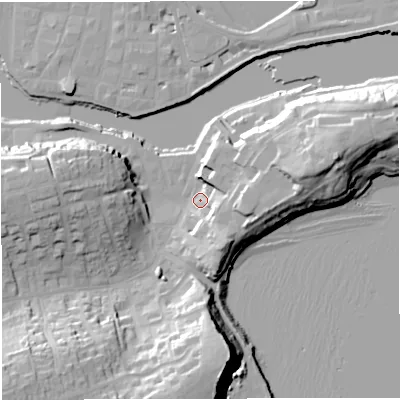 Shaded relief map of the ground around DT48XE, computed from Environment Agency LiDAR. The ground here sits at about 3 m above sea level and falls 32 m across the surrounding 800 m. Surface water reaching this point runs off ground lying to the east, 11.7 m higher.