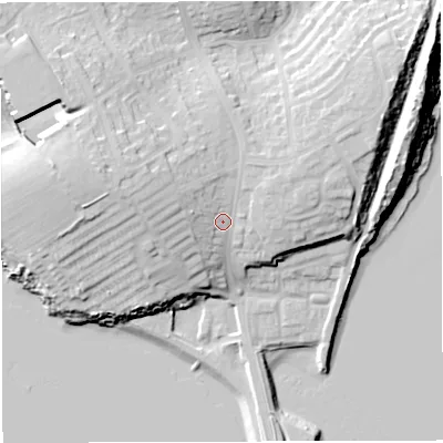 Shaded relief map of the ground around DT49AF, computed from Environment Agency LiDAR. The ground here sits at about 14 m above sea level and falls 24 m across the surrounding 800 m. Surface water reaching this point runs off ground lying to the north-west, 5.7 m higher.
