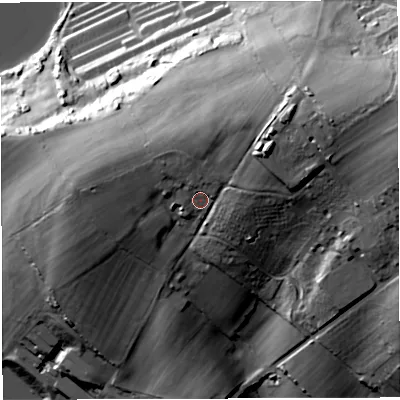 Shaded relief map of the ground around DT49GB, computed from Environment Agency LiDAR. The ground here sits at about 46 m above sea level and falls 59 m across the surrounding 800 m. Surface water reaching this point runs off ground lying to the north-north-east, 7.5 m higher.