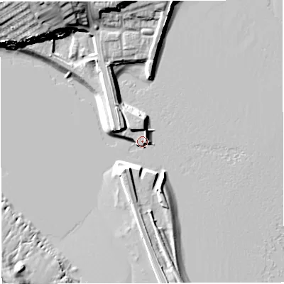 Shaded relief map of the ground around DT49JZ, computed from Environment Agency LiDAR. The ground here sits at about 2 m above sea level and falls 17 m across the surrounding 800 m. Surface water reaching this point runs off ground lying to the north, 5.9 m higher.
