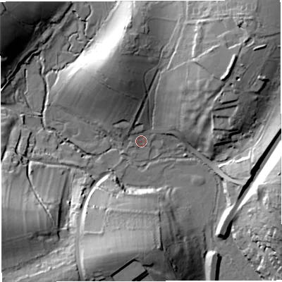 Shaded relief map of the ground around DT49RN, computed from Environment Agency LiDAR. The ground here sits at about 3 m above sea level and falls 37 m across the surrounding 800 m. Surface water reaching this point runs off ground lying to the north-east, 24.0 m higher.