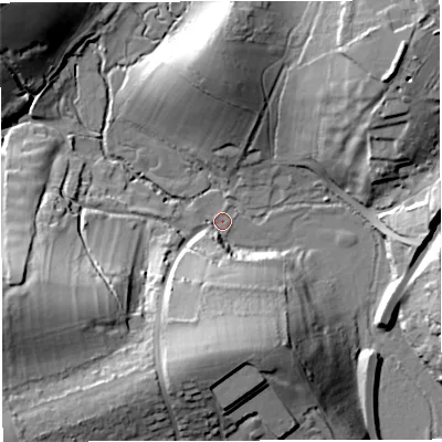 Shaded relief map of the ground around DT49RU, computed from Environment Agency LiDAR. The ground here sits at about 2 m above sea level and falls 41 m across the surrounding 800 m. Surface water reaching this point runs off ground lying to the south, 35.3 m higher.