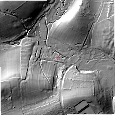 Shaded relief map of the ground around DT49RX, computed from Environment Agency LiDAR. The ground here sits at about 4 m above sea level and falls 45 m across the surrounding 800 m. Surface water reaching this point runs off ground lying to the west-south-west, 44.9 m higher.