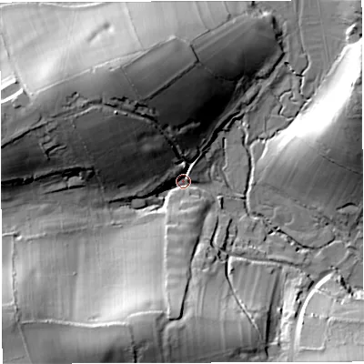 Shaded relief map of the ground around DT49RY, computed from Environment Agency LiDAR. The ground here sits at about 5 m above sea level and falls 49 m across the surrounding 800 m. Surface water reaching this point runs off ground lying to the south-west, 45.7 m higher.