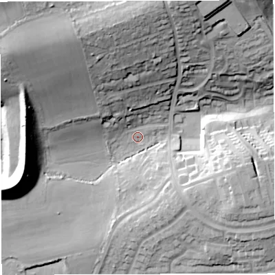 Shaded relief map of the ground around DT49SE, computed from Environment Agency LiDAR. The ground here sits at about 6 m above sea level and falls 36 m across the surrounding 800 m. Surface water reaching this point runs off ground lying to the west-north-west, 32.4 m higher.