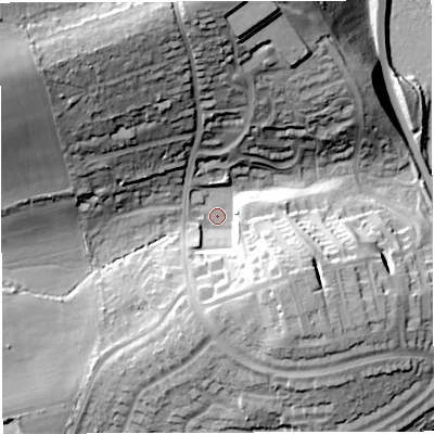 Shaded relief map of the ground around DT49SS, computed from Environment Agency LiDAR. The ground here sits at about 4 m above sea level and falls 36 m across the surrounding 800 m. Surface water reaching this point runs off ground lying to the north, 31.9 m higher.